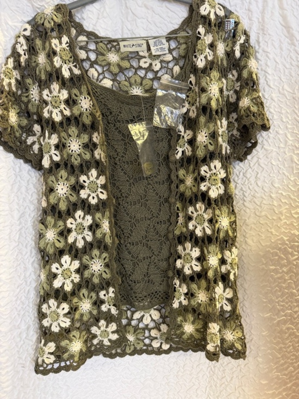 White Stag Olive and Cream Crochet Floral Cardigan with Tank.. Boho Hippie